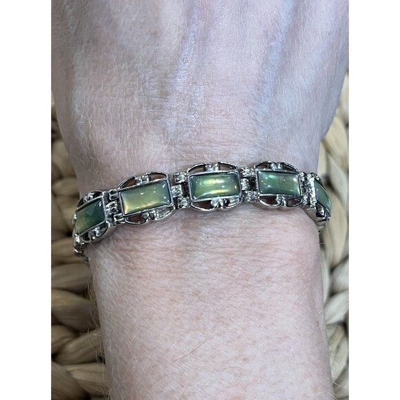 VTG Watch Link Bracelet Green Glass Stones Adjustable Victorian Goth Art Nouveau - Picture 1 of 8